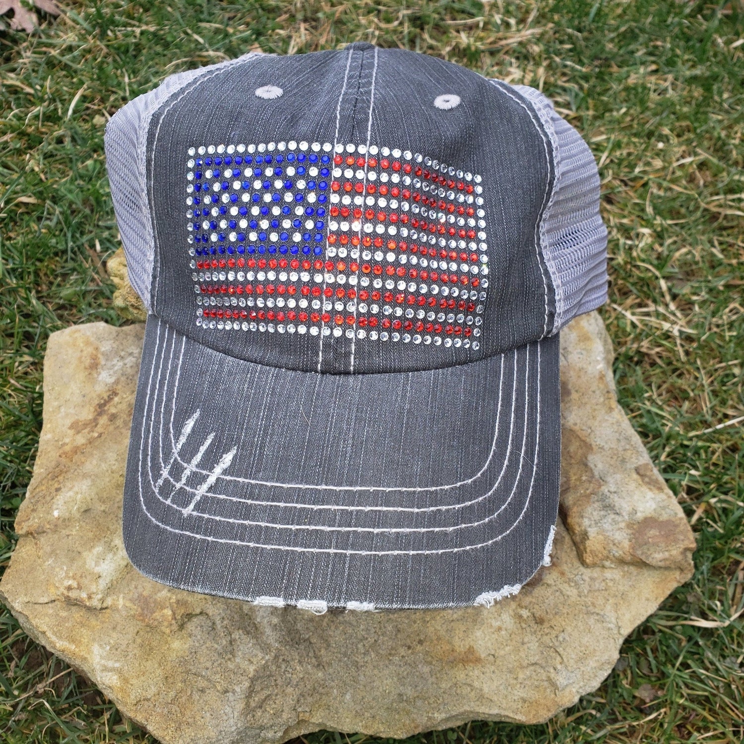 Distressed Denim Ball Cap with Bling Rhinestone American Flag, Patriotic Mesh Back Hat Rhinestone USA Flag, Trucker Hat, Gift for July 4th - SBS T Shop