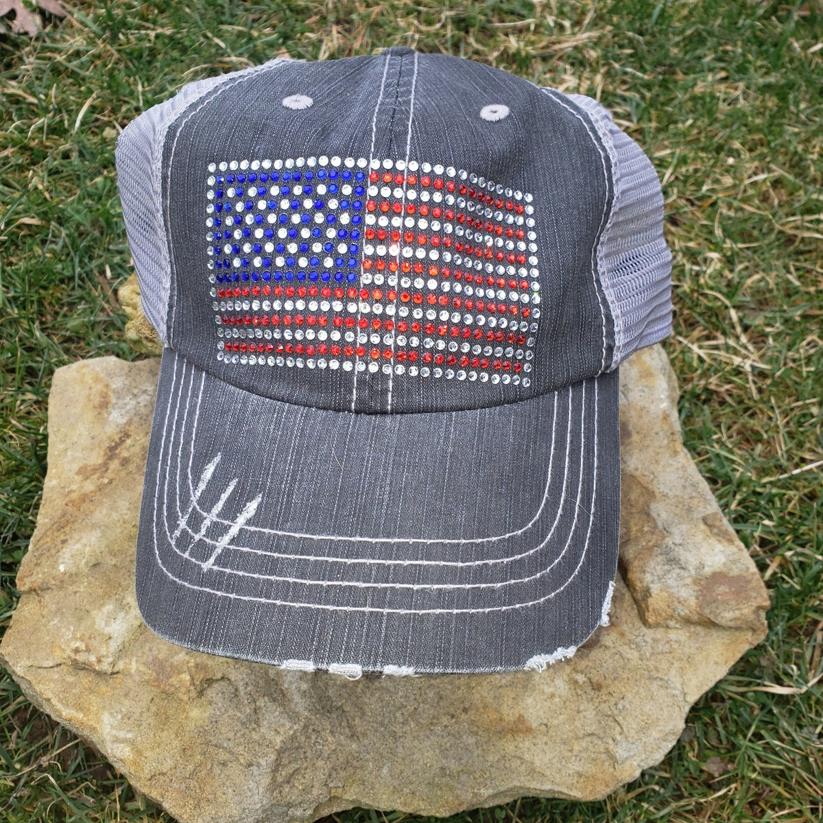 American Flag Rhinestone Distressed Baseball Hat – SBS T Shop display picture 2