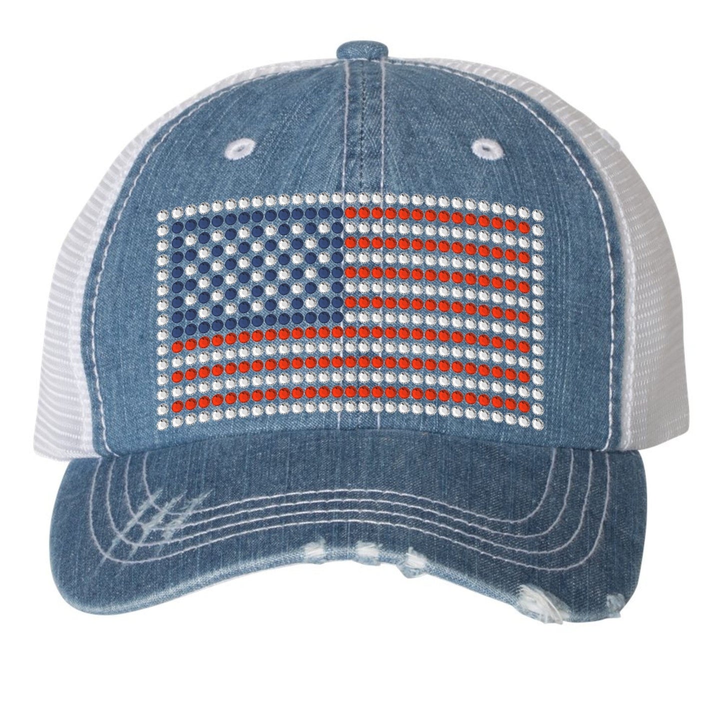 Distressed Denim Ball Cap with Bling Rhinestone American Flag, Patriotic Mesh Back Hat Rhinestone USA Flag, Trucker Hat, Gift for July 4th - SBS T Shop