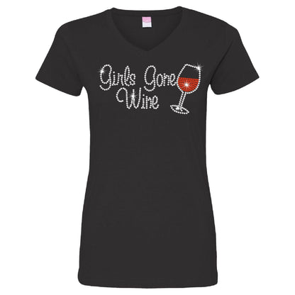 Girls Gone Wine Rhinestone Wine Ladies V Neck T - SBS T Shop