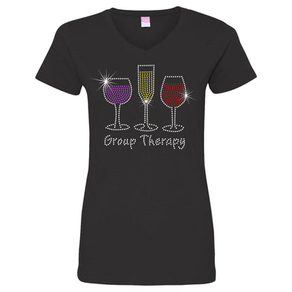 Group Therapy Wine Rhinestone Ladies V Neck T - SBS T Shop