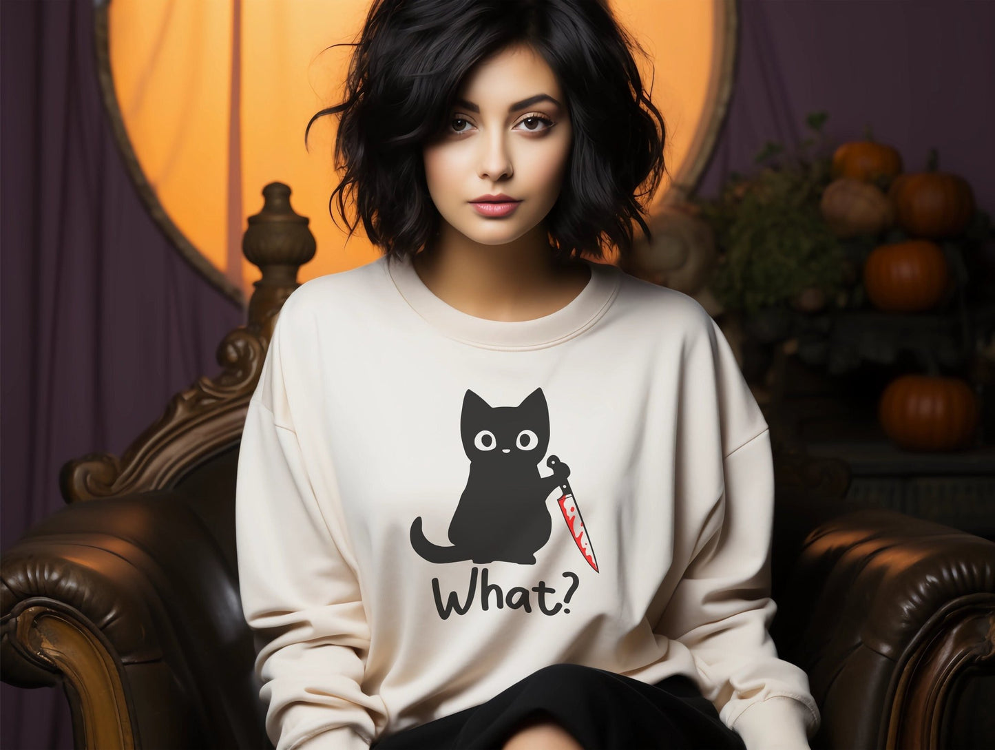 Halloween Black Cat Sweatshirt, Black Cat Knife What Sweater, Cat Mom, - SBS T Shop