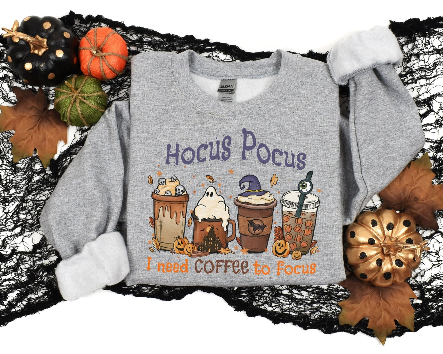 Halloween Coffee cup sweatshirt, Pumpkin spice coffee crewneck witch Shirt funny, skeleton, boo, spooky Hocus Pocus, I need Coffee to focus - SBS T Shop