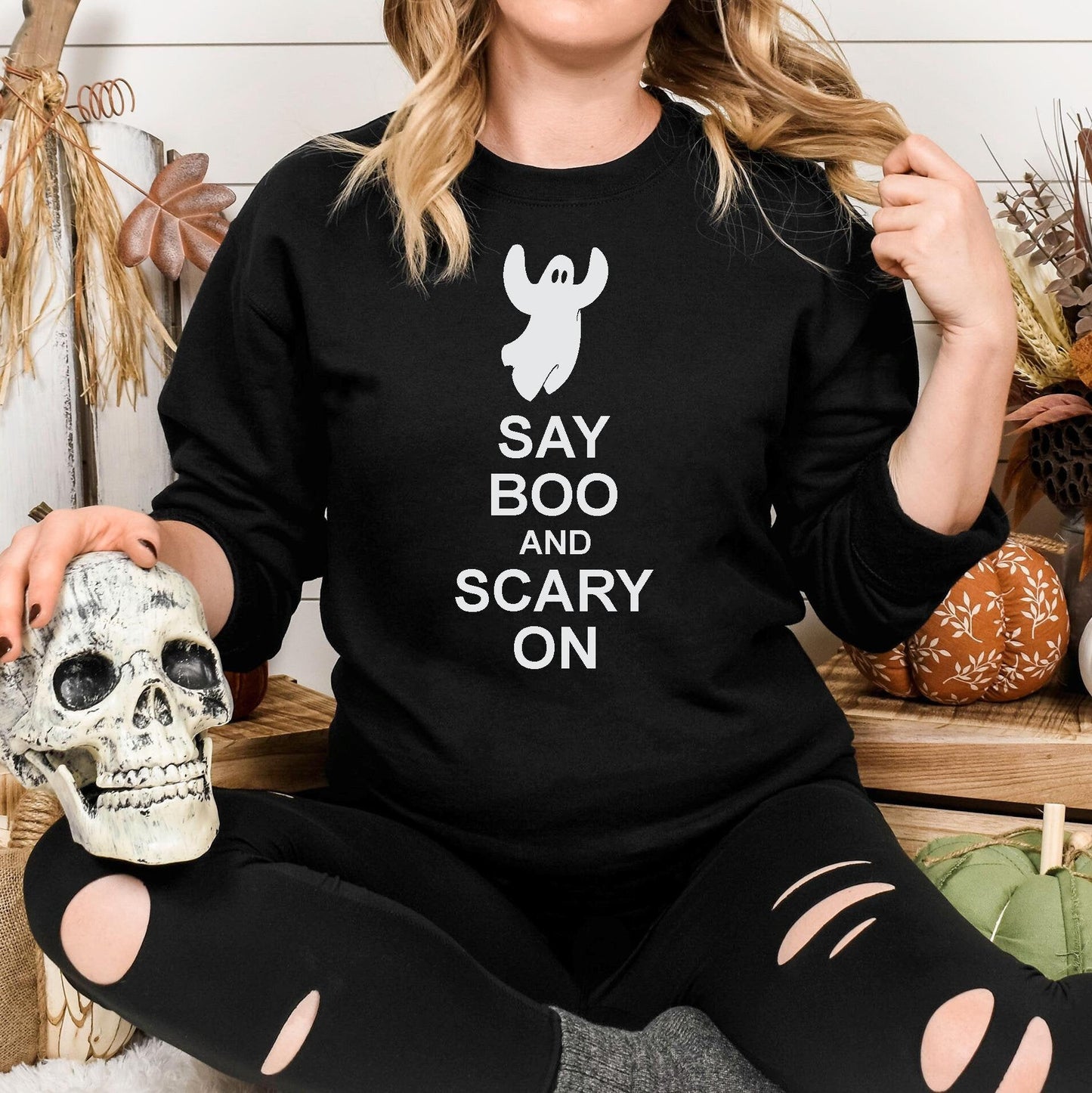 Halloween ghost Sweatshirt, Cute Ghost sweater, Say Boo and Scary on, Keep Calm and carry on, teacher shirt, nurse sweatshirt - SBS T Shop