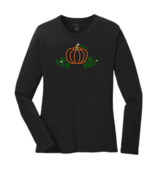 Halloween Rhinestone Pumpkin Fall Ladies Long Sleeve T pumpkin patch tee tshirt trick or treat fall casual - SBS T Shop