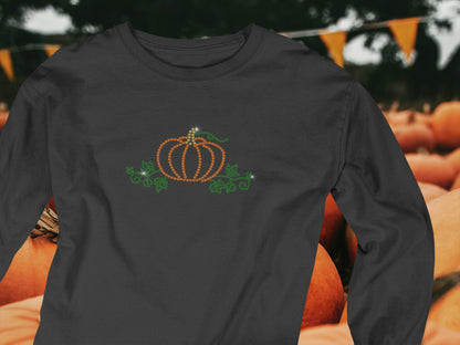 Halloween Rhinestone Pumpkin Fall Ladies Long Sleeve T pumpkin patch tee tshirt trick or treat fall casual - SBS T Shop