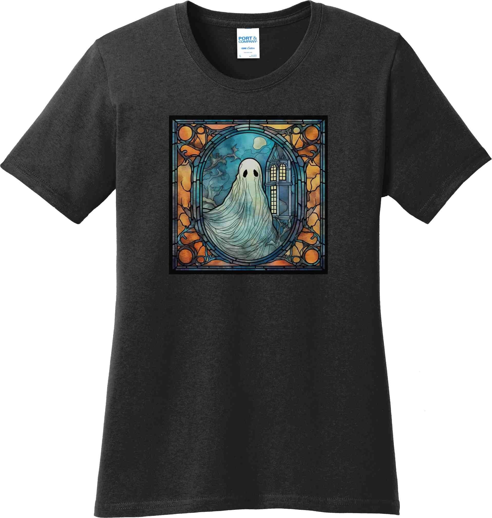 Halloween Stained Glass Ghost and Haunted House Ladies Tee, tshirt, t-shirt, halloween woman's shirt, teacher gift, halloween party apparel - SBS T Shop