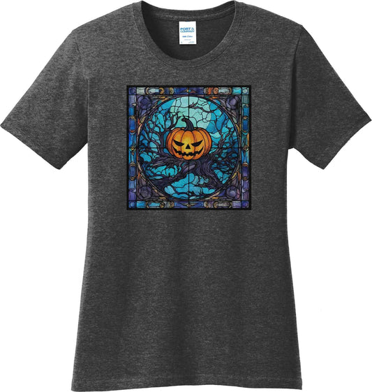 Halloween Stained Glass Pumpkin Jack o Lantern Ladies Tee, tshirt, t-shirt, halloween woman's shirt, teacher gift, halloween party apparel - SBS T Shop