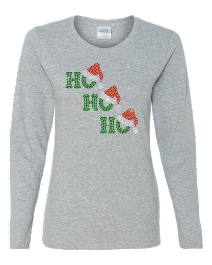 Ho Ho Ho Ladies long Sleeve Rhinestones T Santa Hat holiday sparkle christmas party gift for her mom mother in law step mom girlfriend wife - SBS T Shop