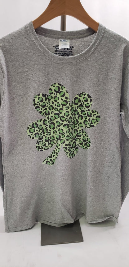 Leopard Print Shamrock Ladies Long Sleeve T - SBS T Shop