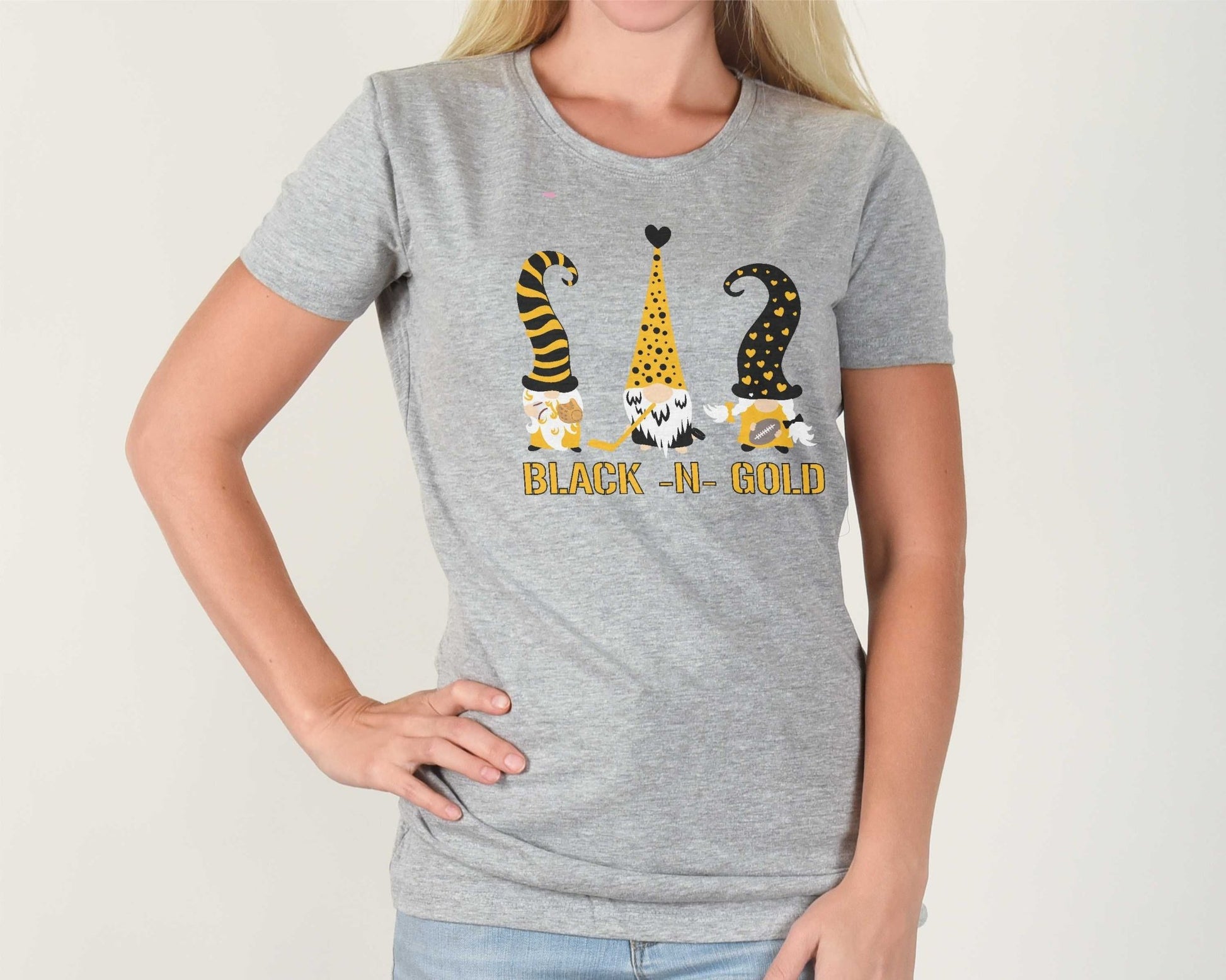 Pittsburgh Sports Gnomes shirt, Football Hockey Baseball Gnome Shirt, Pirates Tshirt, Penguins Top, Black and Gold Gnome Tee - SBS T Shop