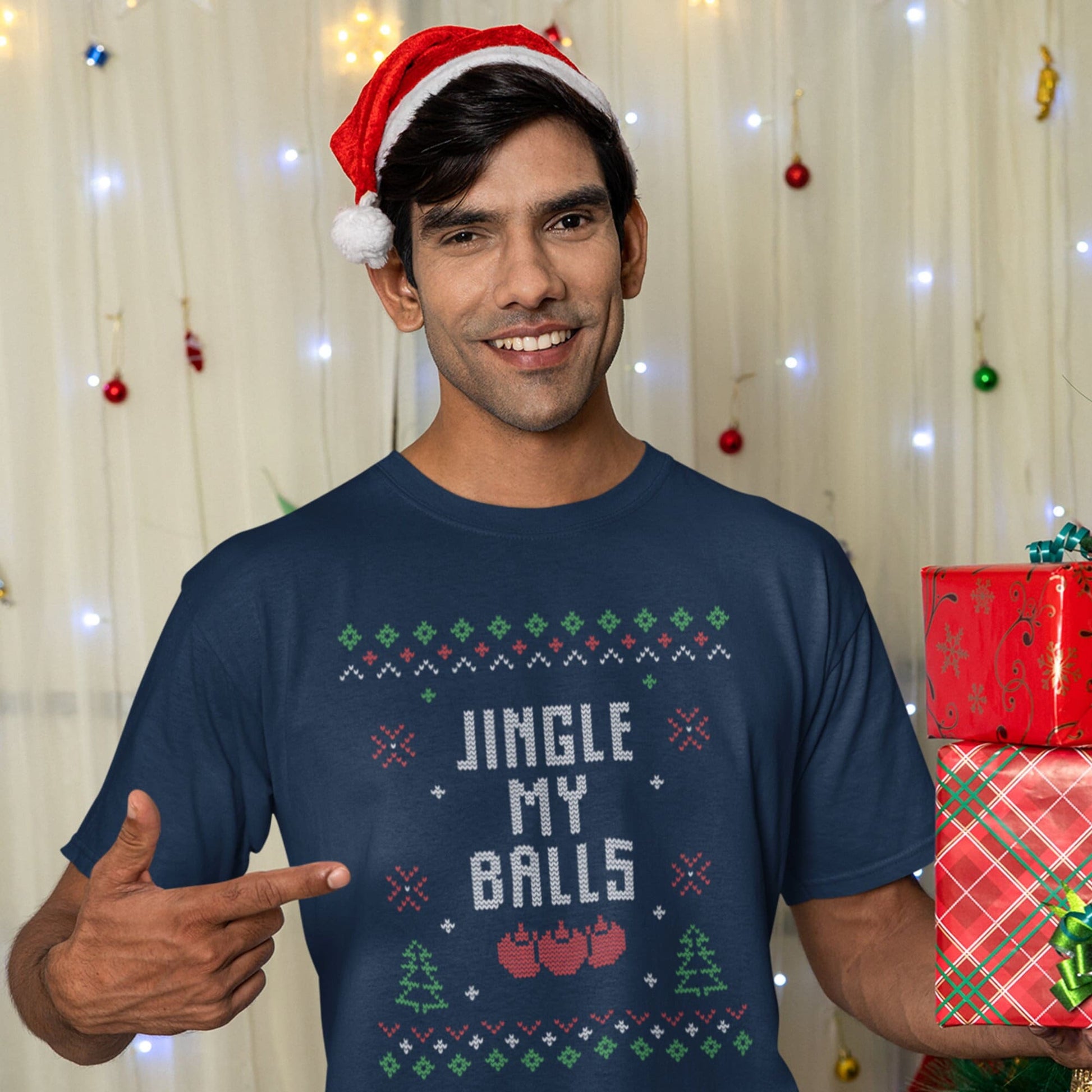 Ugly Christmas Sweater T Shirt Jingle my Balls Inappropriate work party shirt for him, Funny Ugly Christmas Sweater for guys - SBS T Shop