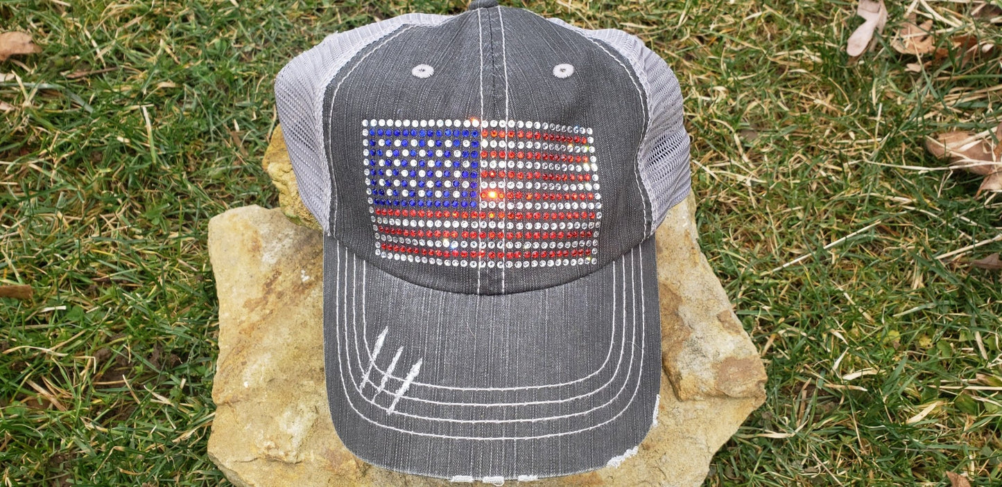 USA Rhinestone Flag Distressed Hat - SBS T Shop